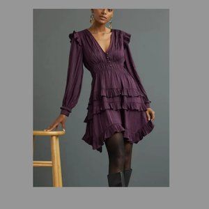 Anthropologie Tiered Ruffle Mini Dress - Dark Purple Long Sleeve V-Neck